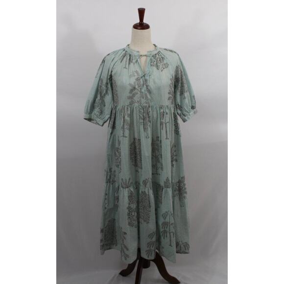 MATTA Sz S Small Aqua Stripe Short Elbow Sleeve Midi Dress Cotton Katia Trees - Picture 7 of 11